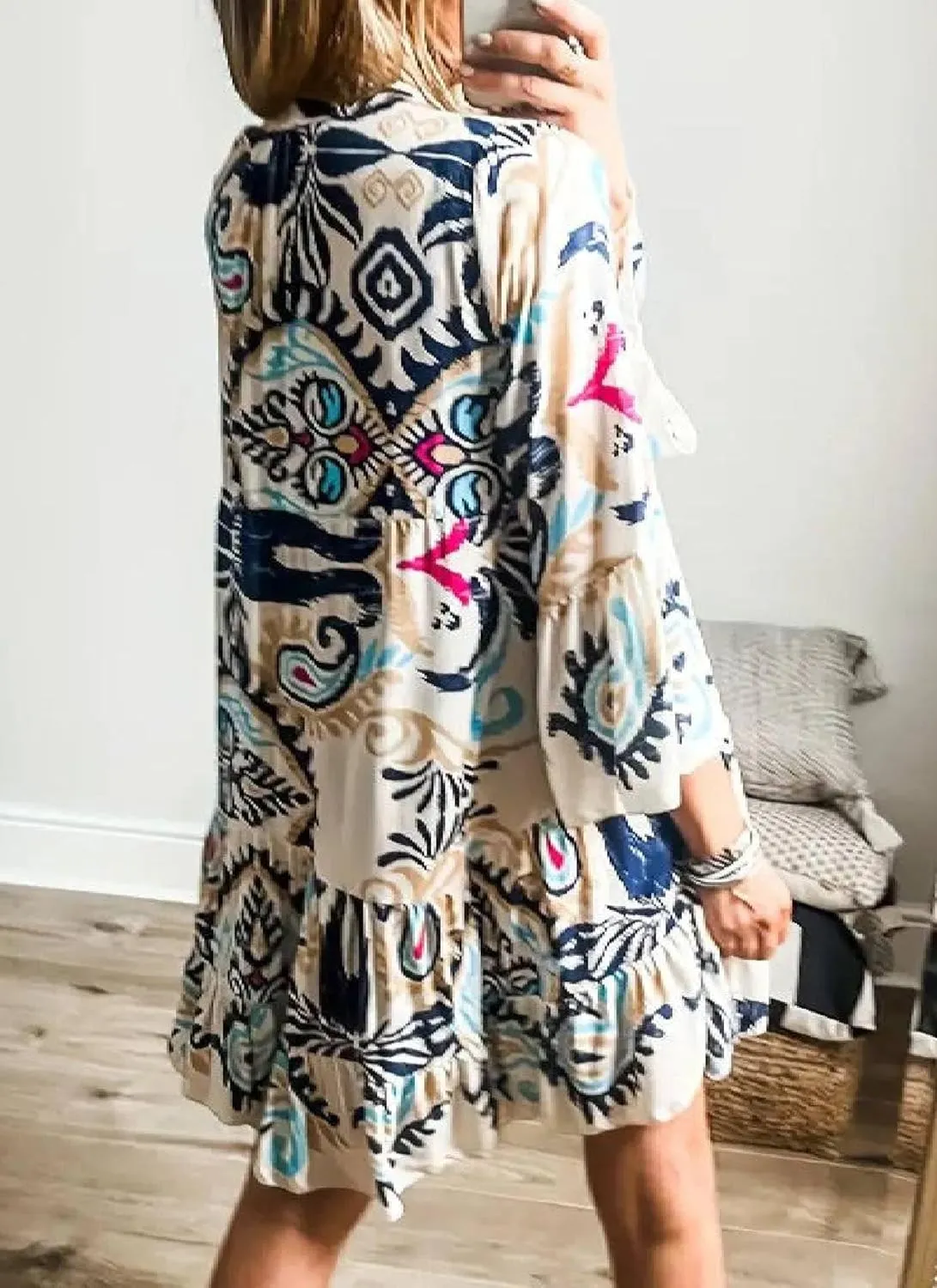 Women's Summer Boho Mini Dress V-Neck Long Sleeve Shift Dresses Ruffle Floral Flowy Dress Beach Vacation Dress