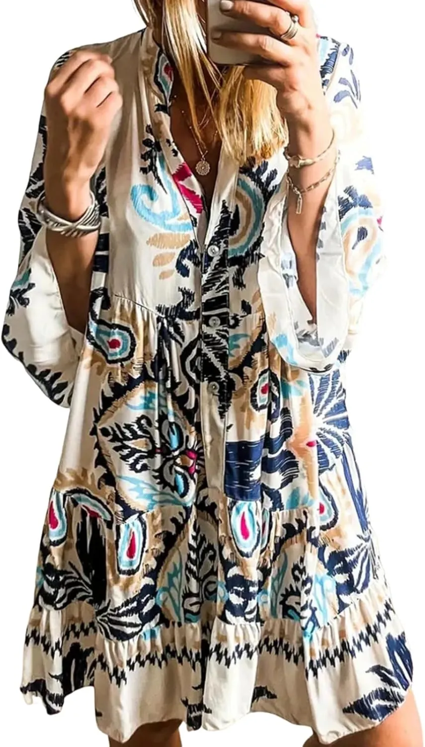 Women's Summer Boho Mini Dress V-Neck Long Sleeve Shift Dresses Ruffle Floral Flowy Dress Beach Vacation Dress