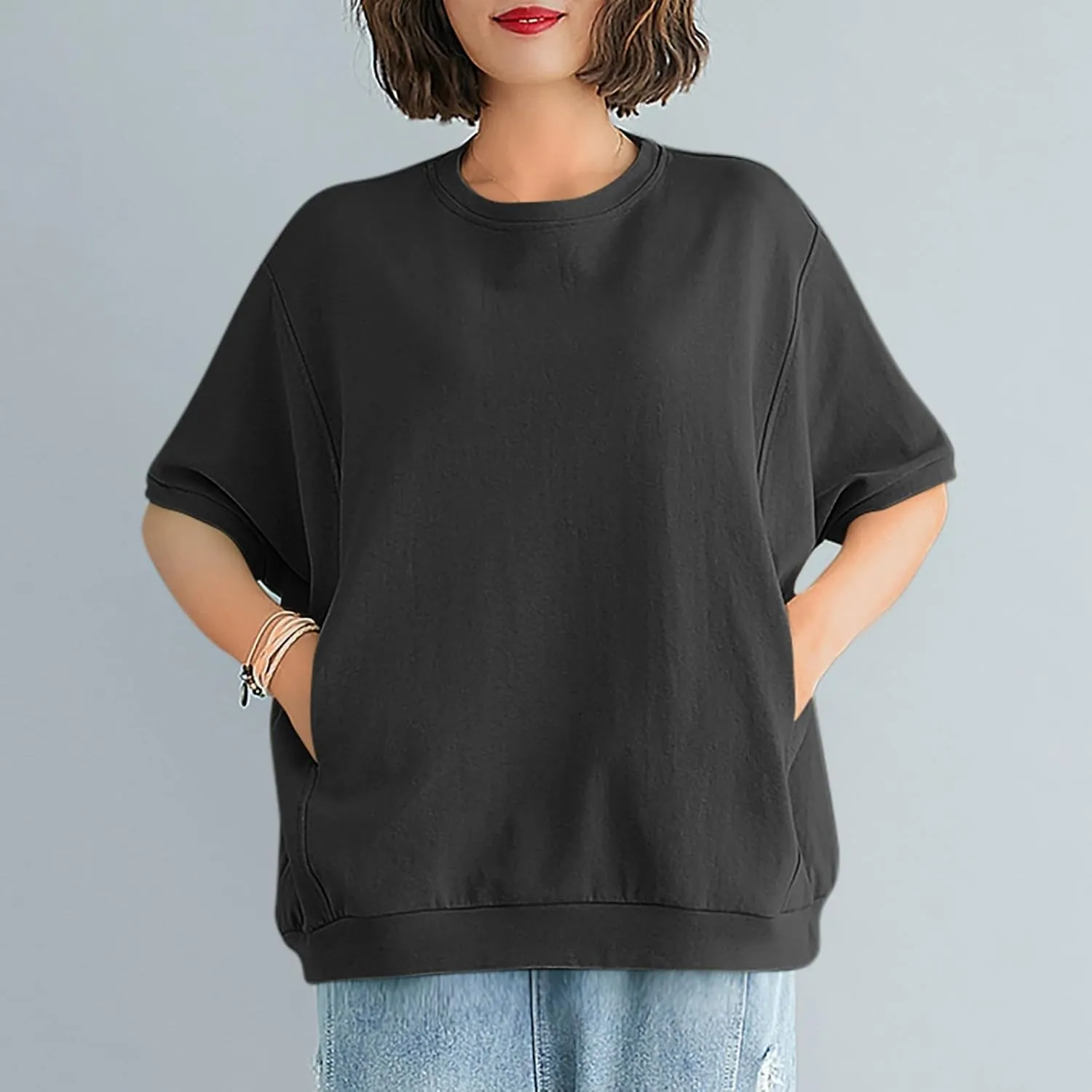 Women's Summer Short Sleeve Tops Crew Neck Oversize Pullover Basic Tee Shirt Blouse Casual Solid Shirts with Pockets
