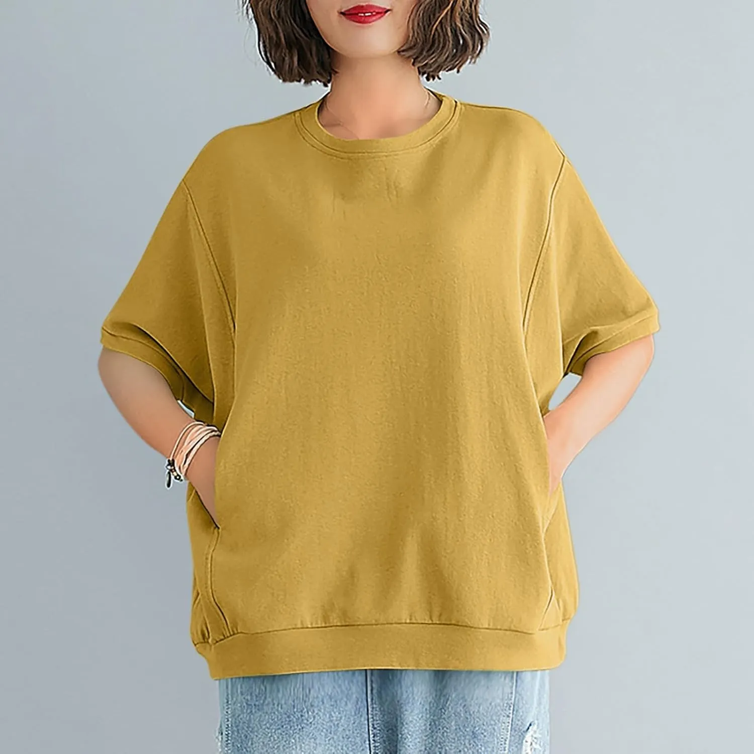 Women's Summer Short Sleeve Tops Crew Neck Oversize Pullover Basic Tee Shirt Blouse Casual Solid Shirts with Pockets