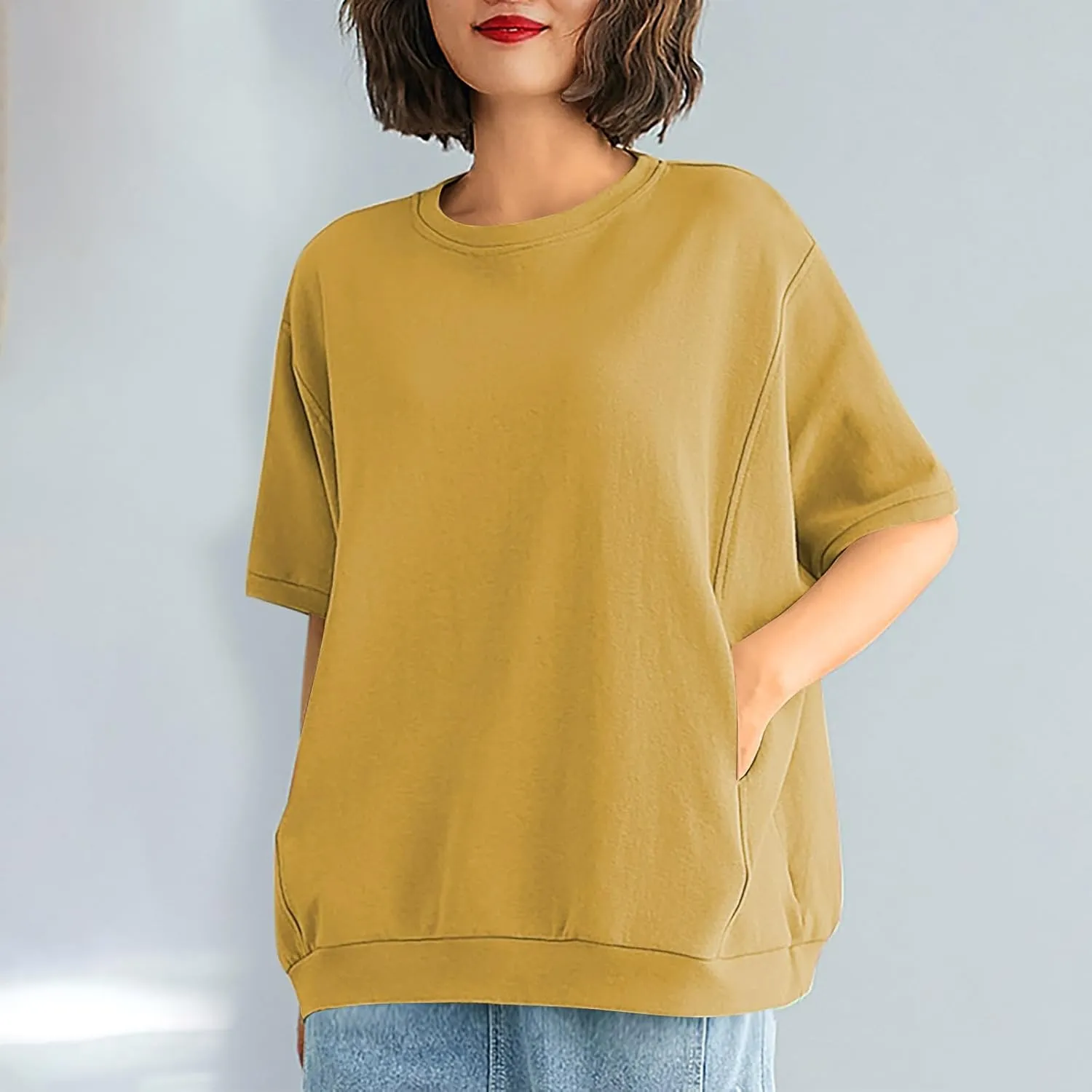 Women's Summer Short Sleeve Tops Crew Neck Oversize Pullover Basic Tee Shirt Blouse Casual Solid Shirts with Pockets