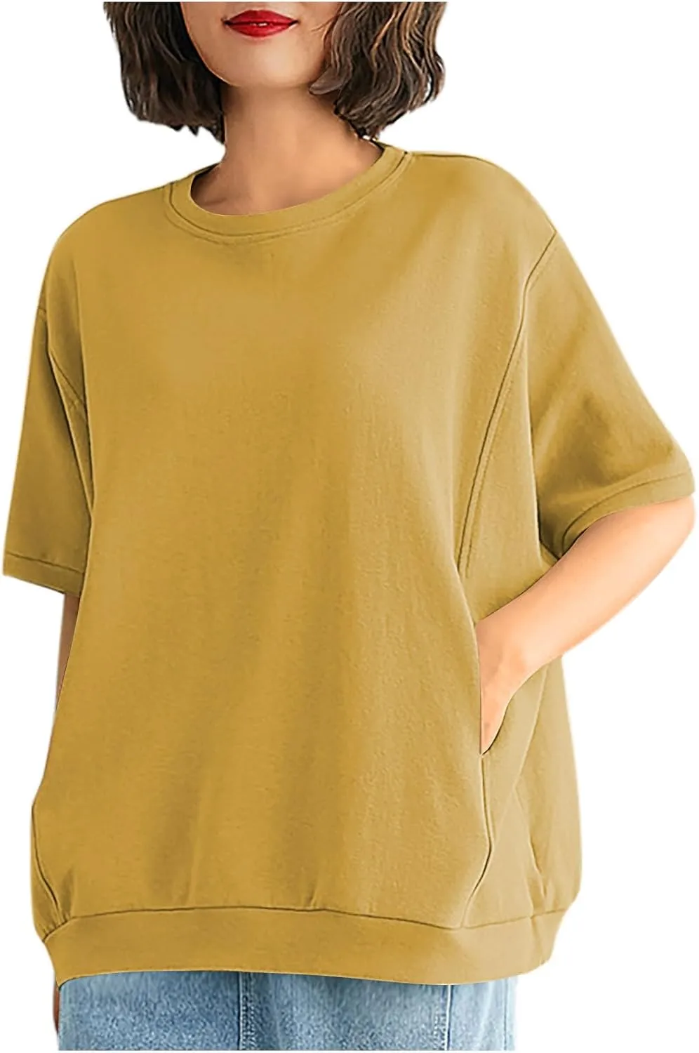 Women's Summer Short Sleeve Tops Crew Neck Oversize Pullover Basic Tee Shirt Blouse Casual Solid Shirts with Pockets