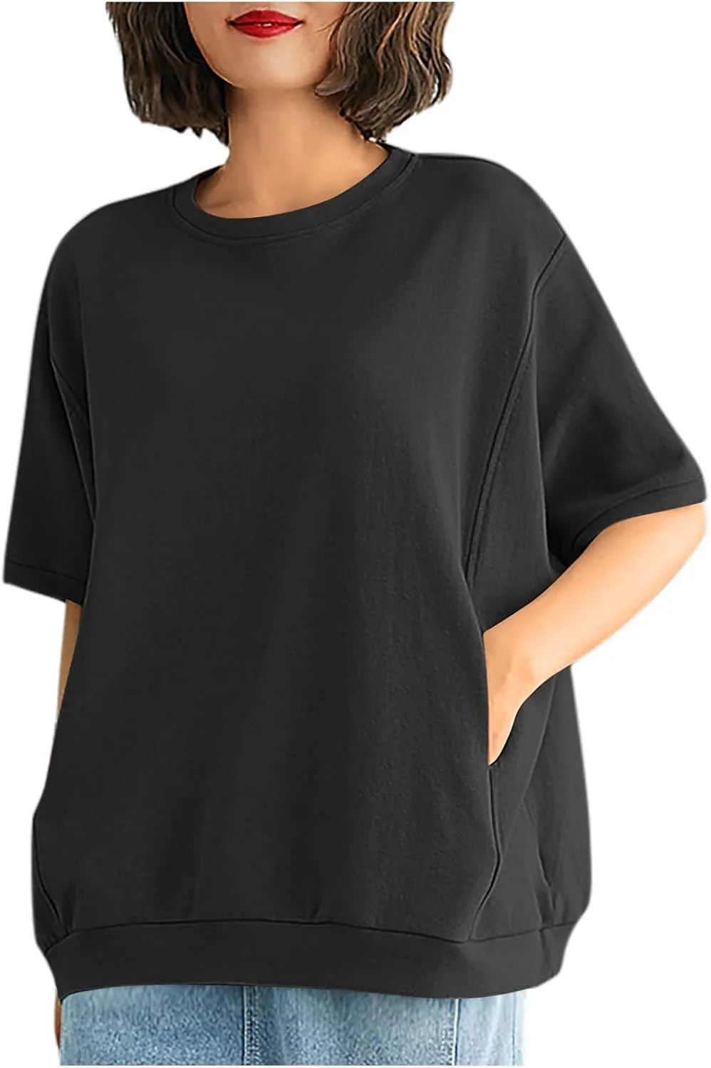 Women's Summer Short Sleeve Tops Crew Neck Oversize Pullover Basic Tee Shirt Blouse Casual Solid Shirts with Pockets