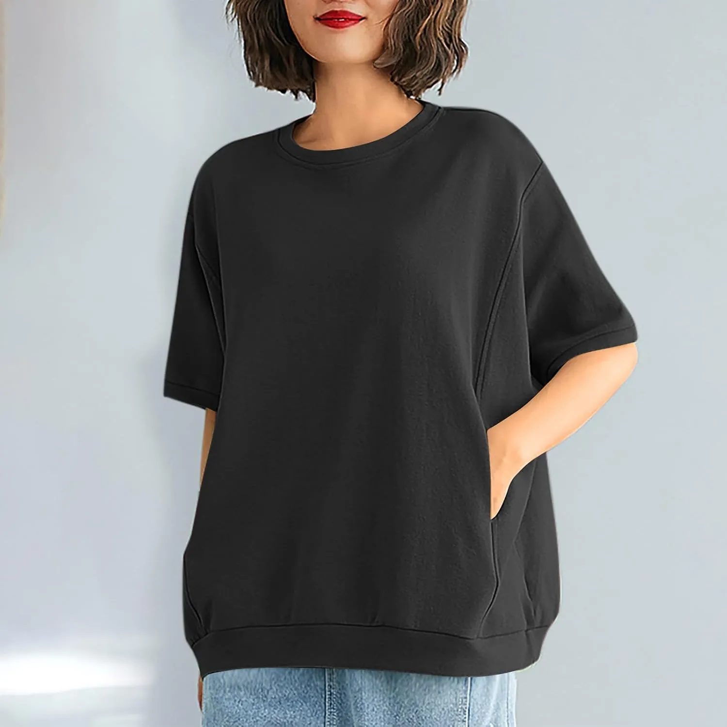 Women's Summer Short Sleeve Tops Crew Neck Oversize Pullover Basic Tee Shirt Blouse Casual Solid Shirts with Pockets