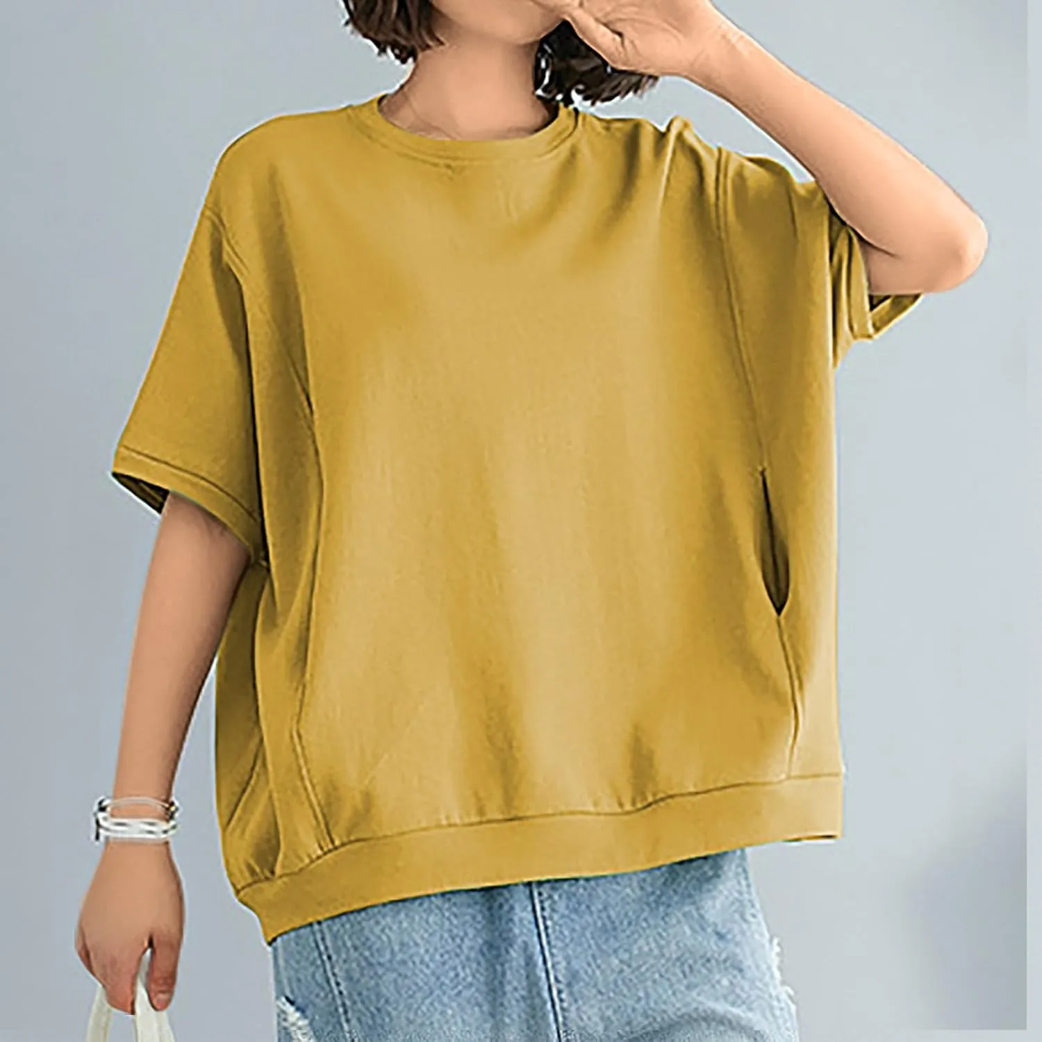 Women's Summer Short Sleeve Tops Crew Neck Oversize Pullover Basic Tee Shirt Blouse Casual Solid Shirts with Pockets