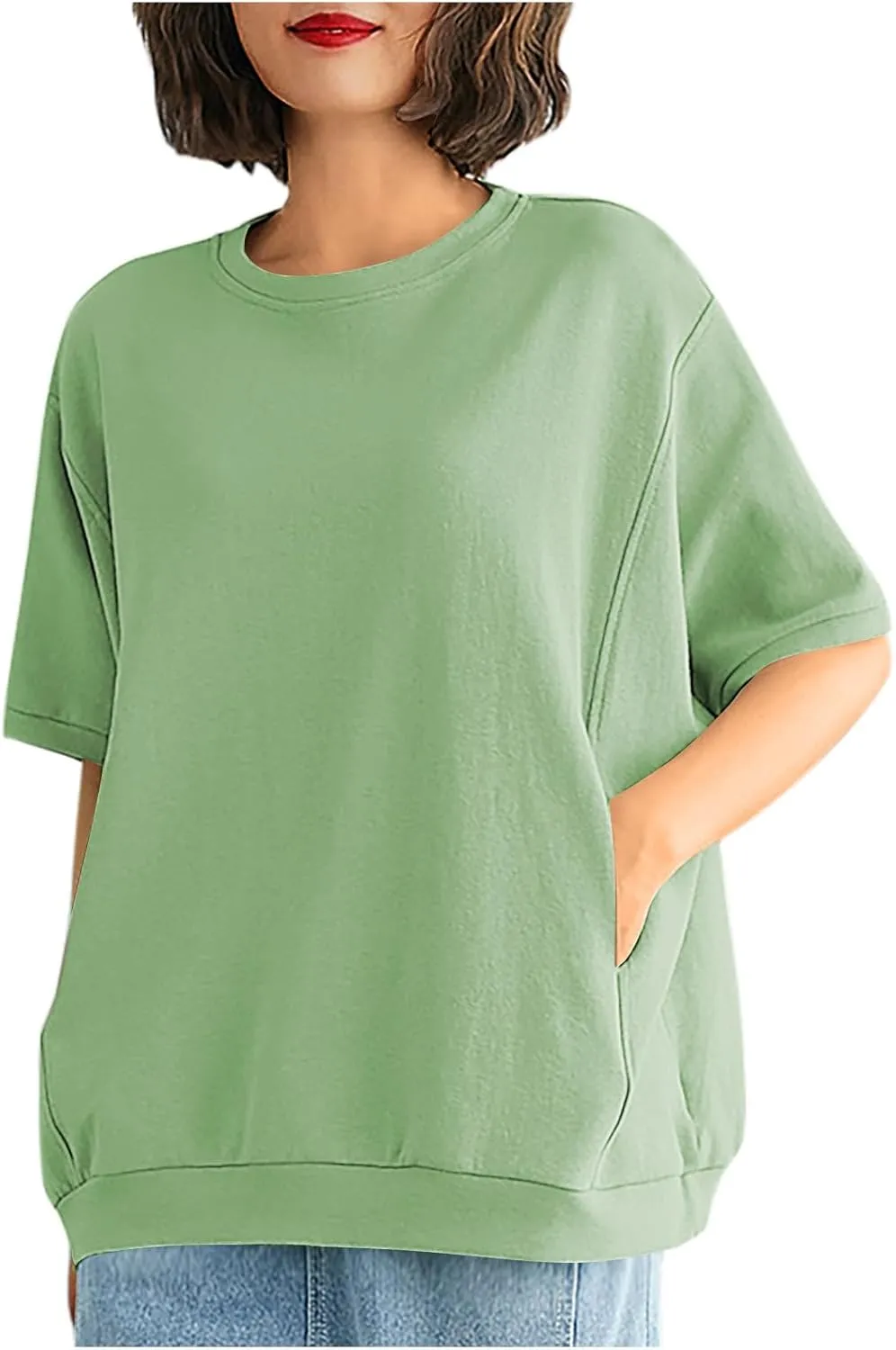 Women's Summer Short Sleeve Tops Crew Neck Oversize Pullover Basic Tee Shirt Blouse Casual Solid Shirts with Pockets