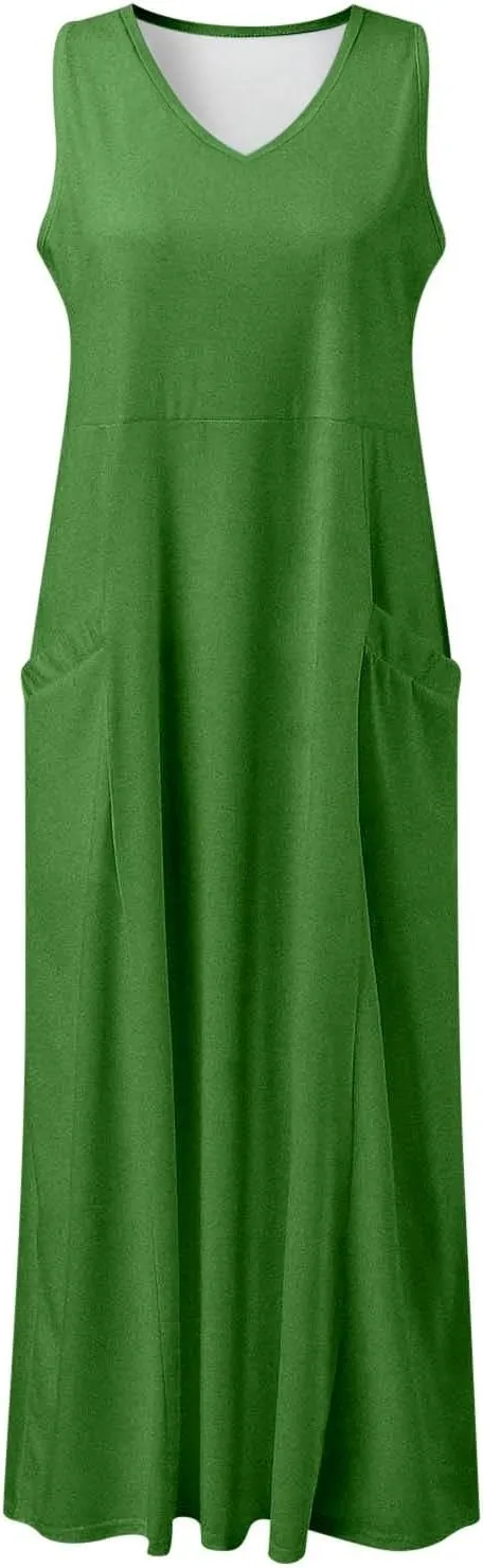 Women's Summer Solid Color Sleeveless V Neck Dress Elegant Loose Fit Casual Maxi Dress with Pockets Comfortable