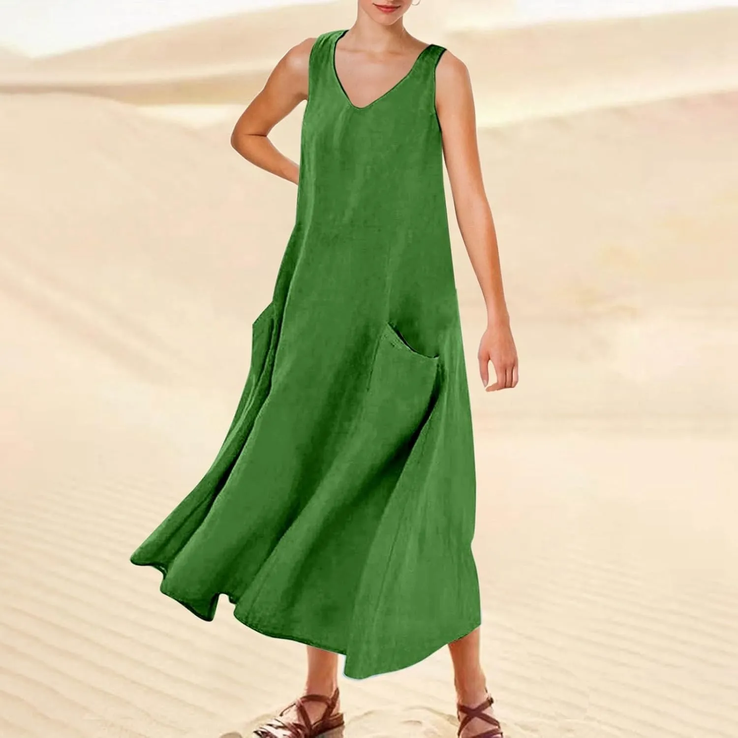 Women's Summer Solid Color Sleeveless V Neck Dress Elegant Loose Fit Casual Maxi Dress with Pockets Comfortable