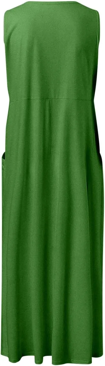 Women's Summer Solid Color Sleeveless V Neck Dress Elegant Loose Fit Casual Maxi Dress with Pockets Comfortable