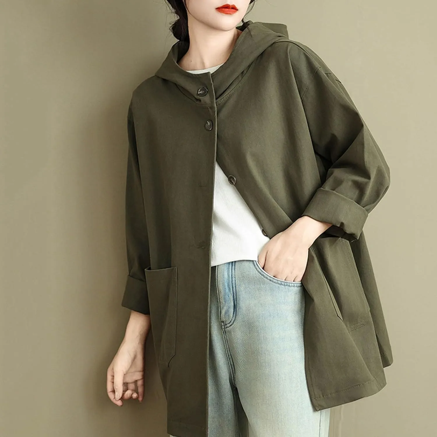 Women's Trench Jackets Rain Jacket Loose Hooded Oversized Elegant Windbreaker Comfortable Coat Outwear for Outdoor
